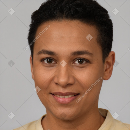 Joyful latino young-adult female with short  brown hair and brown eyes