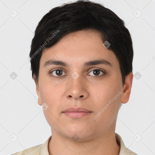 Neutral asian young-adult male with short  black hair and brown eyes