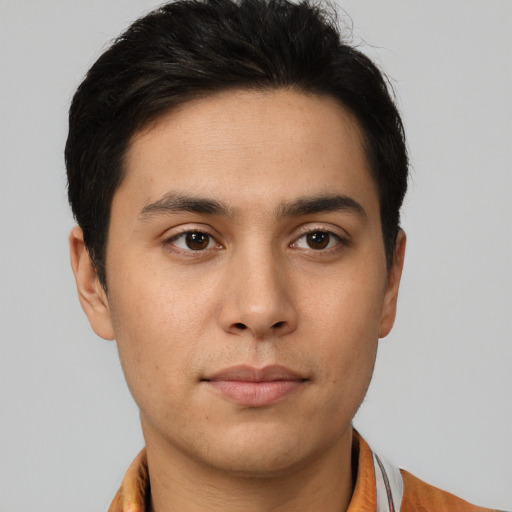 Neutral asian young-adult male with short  brown hair and brown eyes