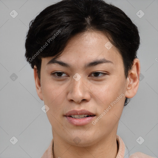 Joyful asian young-adult female with short  brown hair and brown eyes