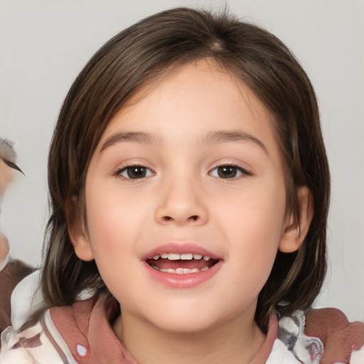 Joyful white child female with medium  brown hair and brown eyes