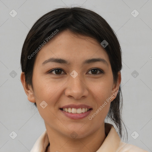 Joyful white young-adult female with medium  brown hair and brown eyes