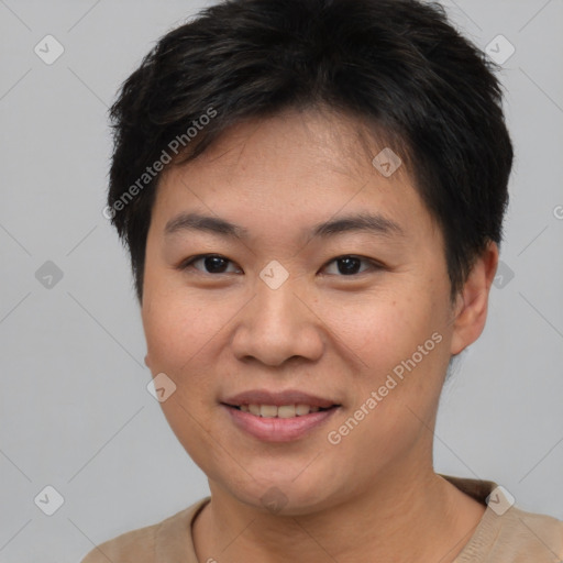 Joyful asian young-adult female with short  brown hair and brown eyes