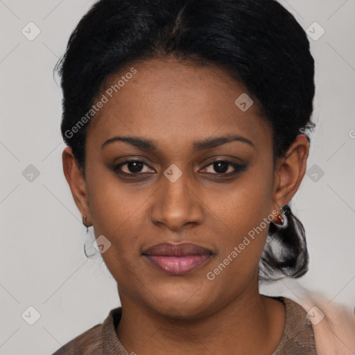 Joyful latino young-adult female with short  black hair and brown eyes
