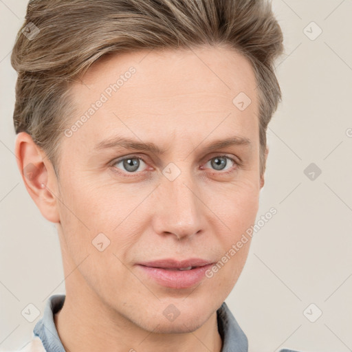 Joyful white adult male with short  brown hair and grey eyes