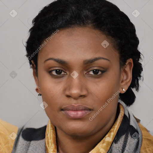 Neutral latino young-adult female with medium  brown hair and brown eyes