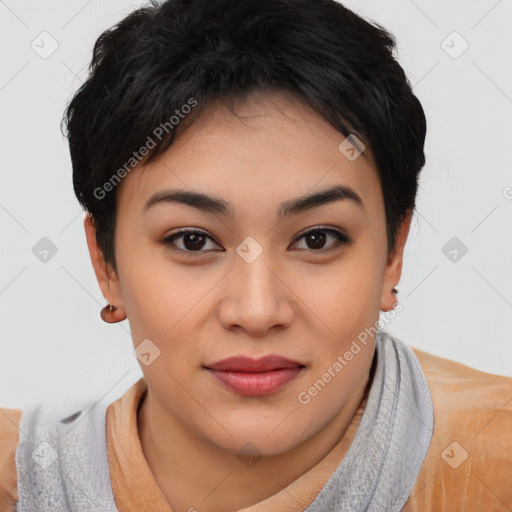 Joyful asian young-adult female with short  brown hair and brown eyes