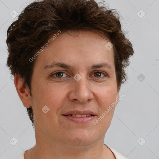 Joyful white adult female with short  brown hair and brown eyes