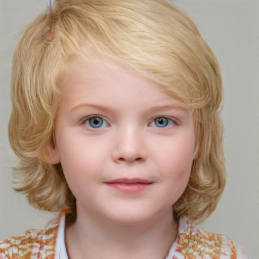 Neutral white child female with medium  blond hair and blue eyes