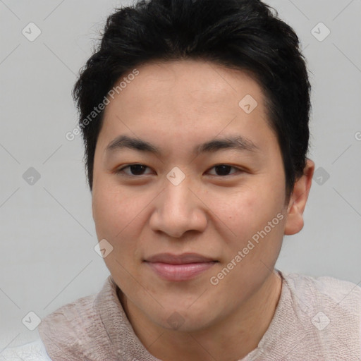 Joyful asian young-adult male with short  brown hair and brown eyes