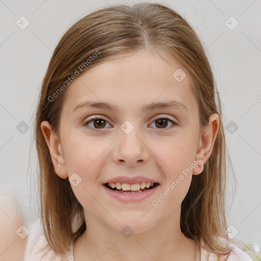 Joyful white child female with medium  brown hair and brown eyes