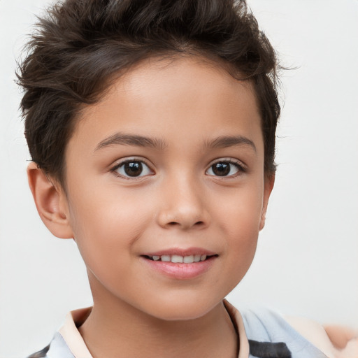 Joyful white child female with short  brown hair and brown eyes