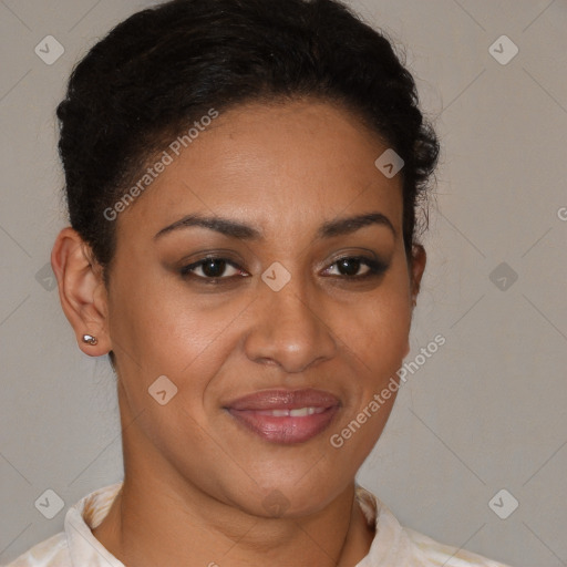 Joyful latino young-adult female with short  brown hair and brown eyes