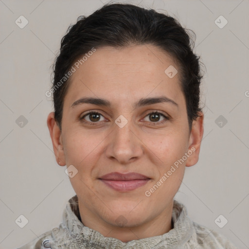 Joyful white adult female with short  brown hair and brown eyes