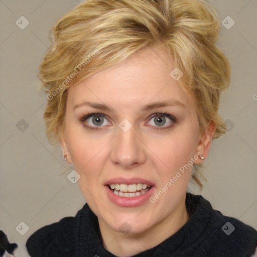 Joyful white young-adult female with medium  brown hair and blue eyes