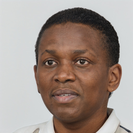 Neutral black adult male with short  black hair and brown eyes