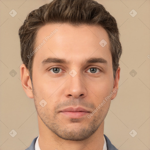 Neutral white young-adult male with short  brown hair and brown eyes