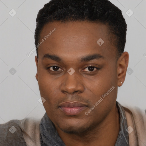 Neutral black young-adult male with short  black hair and brown eyes