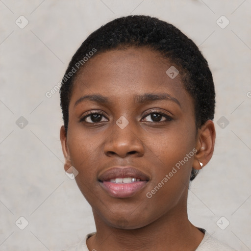 Neutral black young-adult female with short  black hair and brown eyes