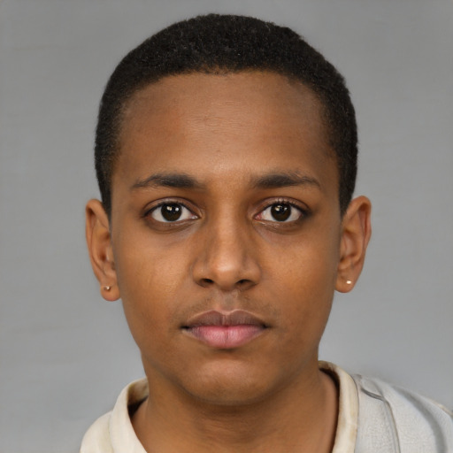 Neutral black young-adult male with short  brown hair and brown eyes