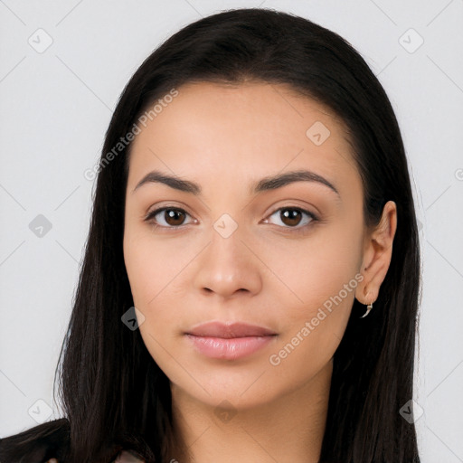 Neutral white young-adult female with long  black hair and brown eyes