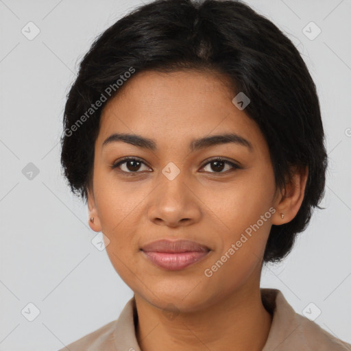 Joyful latino young-adult female with medium  black hair and brown eyes