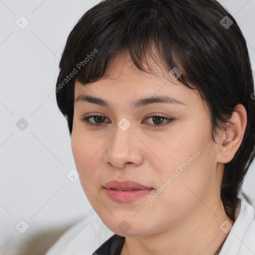 Neutral white young-adult female with medium  brown hair and brown eyes