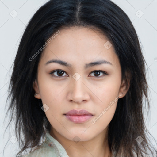 Neutral asian young-adult female with long  brown hair and brown eyes