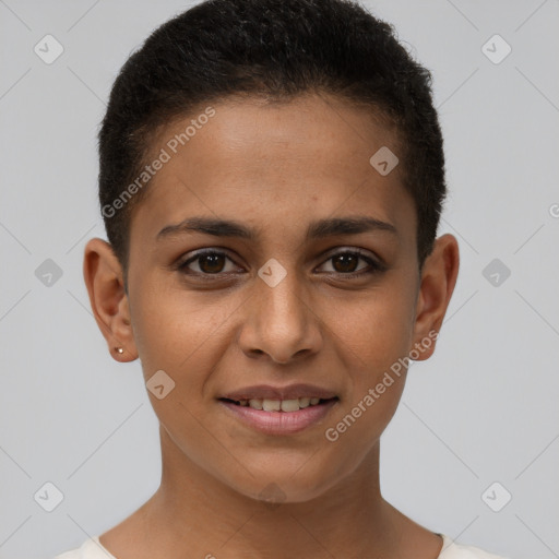 Joyful white young-adult female with short  brown hair and brown eyes