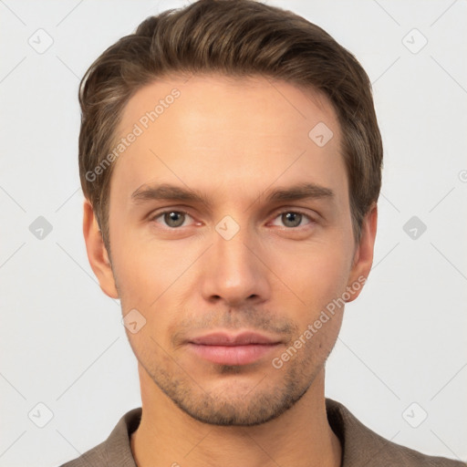 Neutral white young-adult male with short  brown hair and brown eyes