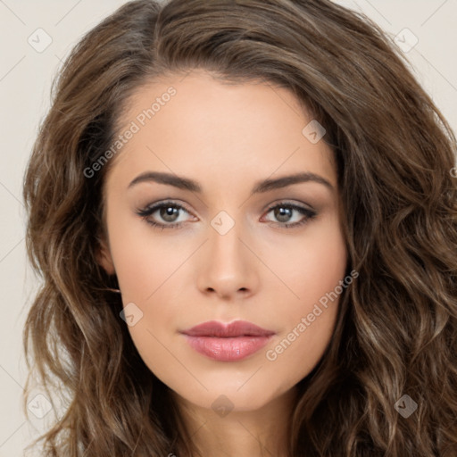 Neutral white young-adult female with long  brown hair and brown eyes