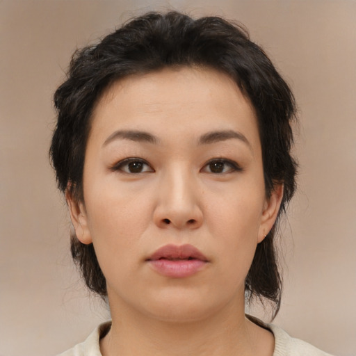 Neutral asian young-adult female with medium  brown hair and brown eyes