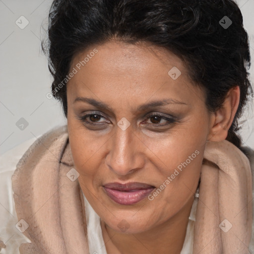 Joyful latino adult female with short  brown hair and brown eyes