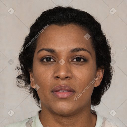 Neutral black young-adult female with short  black hair and brown eyes