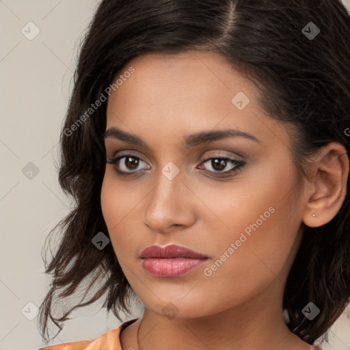 Neutral white young-adult female with medium  brown hair and brown eyes