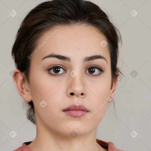 Neutral white young-adult female with medium  brown hair and brown eyes