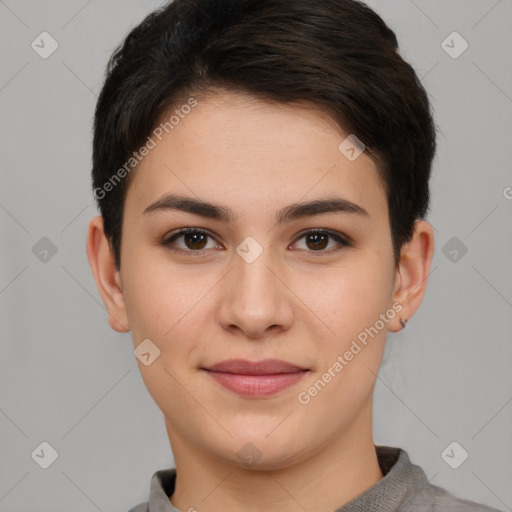 Joyful white young-adult female with short  brown hair and brown eyes