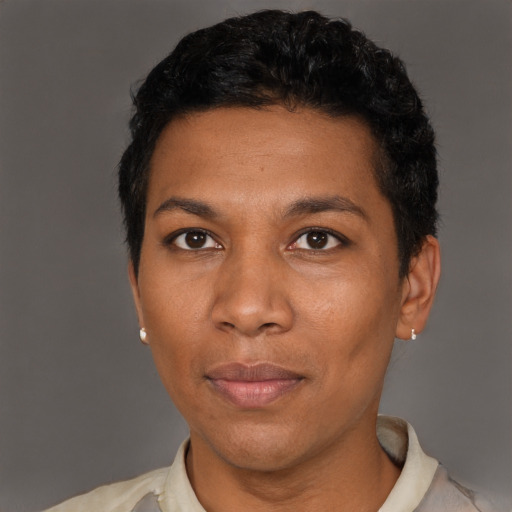 Neutral black adult female with short  black hair and brown eyes