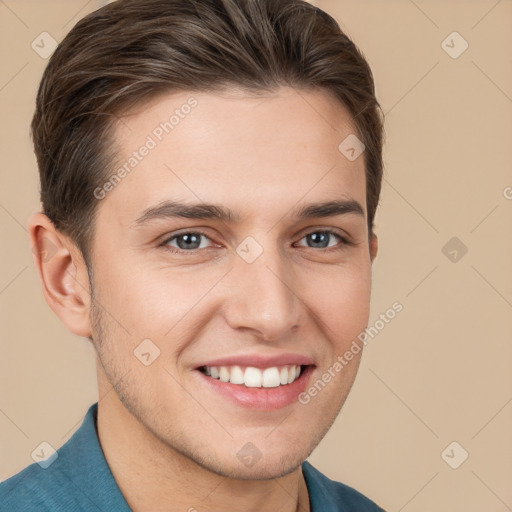 Joyful white young-adult male with short  brown hair and brown eyes