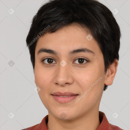 Joyful white young-adult female with short  brown hair and brown eyes