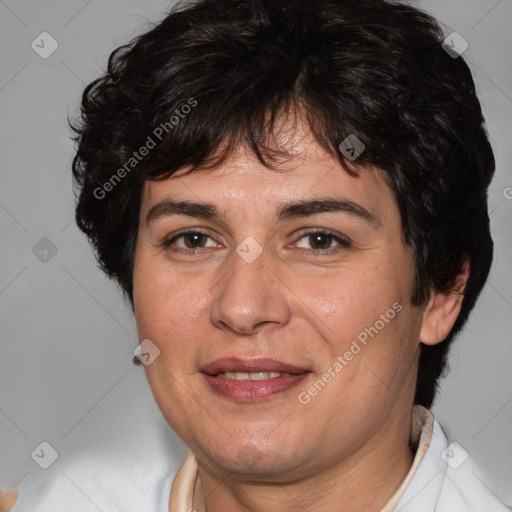 Joyful white adult female with short  brown hair and brown eyes