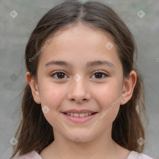 Joyful white child female with medium  brown hair and brown eyes