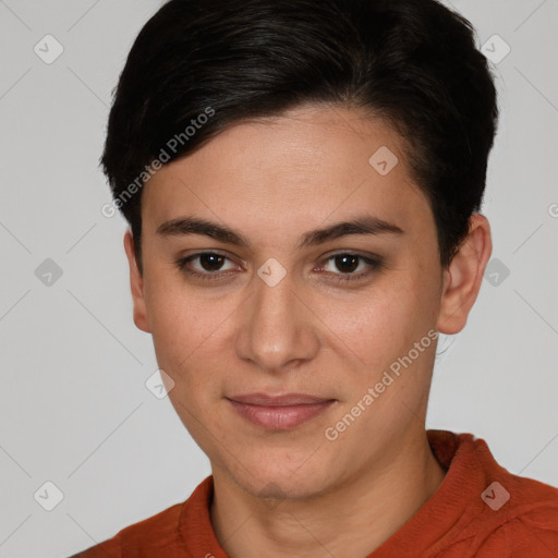 Joyful white young-adult female with short  brown hair and brown eyes