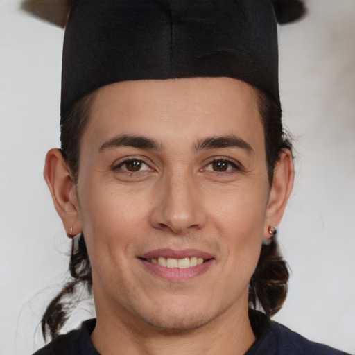 Joyful white young-adult male with medium  brown hair and brown eyes