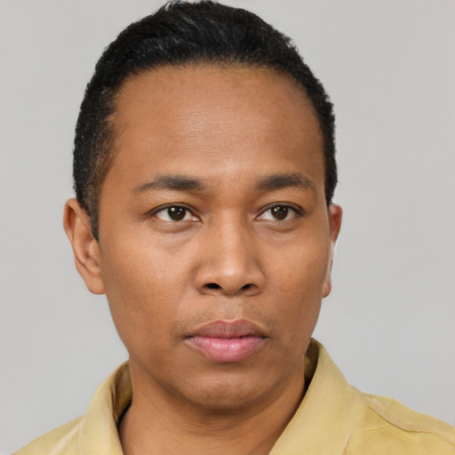 Neutral black young-adult male with short  black hair and brown eyes