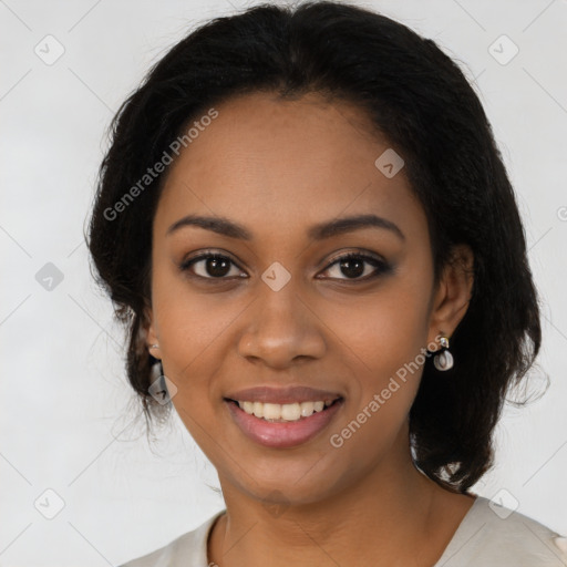 Joyful latino young-adult female with medium  black hair and brown eyes