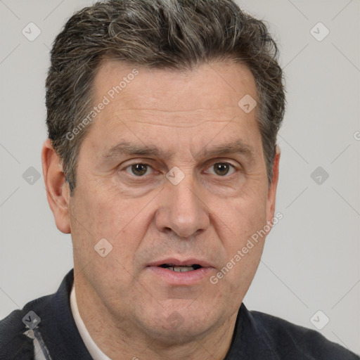 Joyful white middle-aged male with short  brown hair and brown eyes