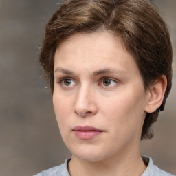 Neutral white young-adult female with short  brown hair and brown eyes