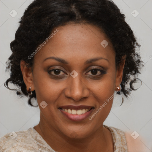 Joyful black adult female with short  brown hair and brown eyes