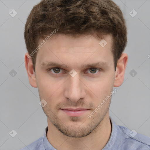 Neutral white young-adult male with short  brown hair and grey eyes